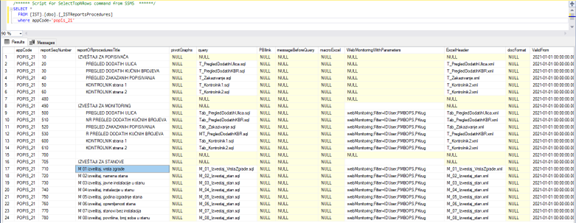 Sample of _ISTReportsProcedures metadata table with report definition fields
