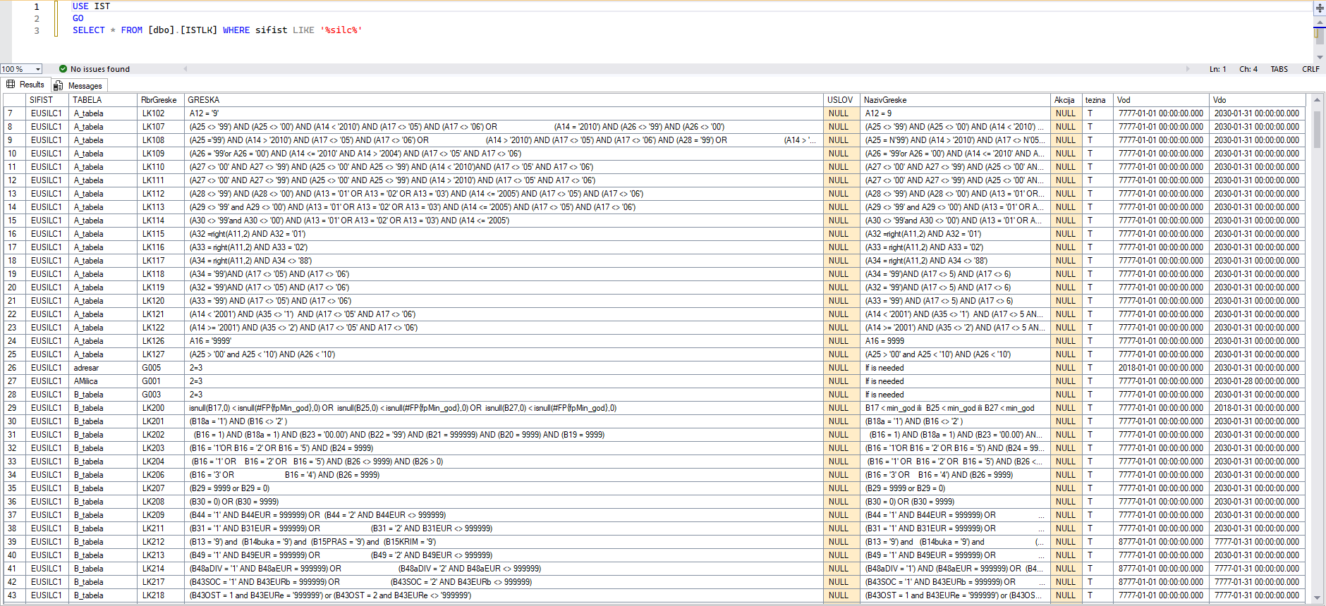 Sample of _ISTRulesDataValidation table showing how validation rules are defined